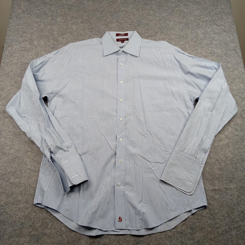 Nordstrom Shirt Mens 16.5 37 Blue White Stripe Long Sleeve Cotton Japan Fabric
